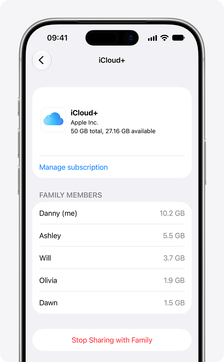 Apple support illustration of an iPhone iCloud+ subscription showing 50GB total and storage used by family members
