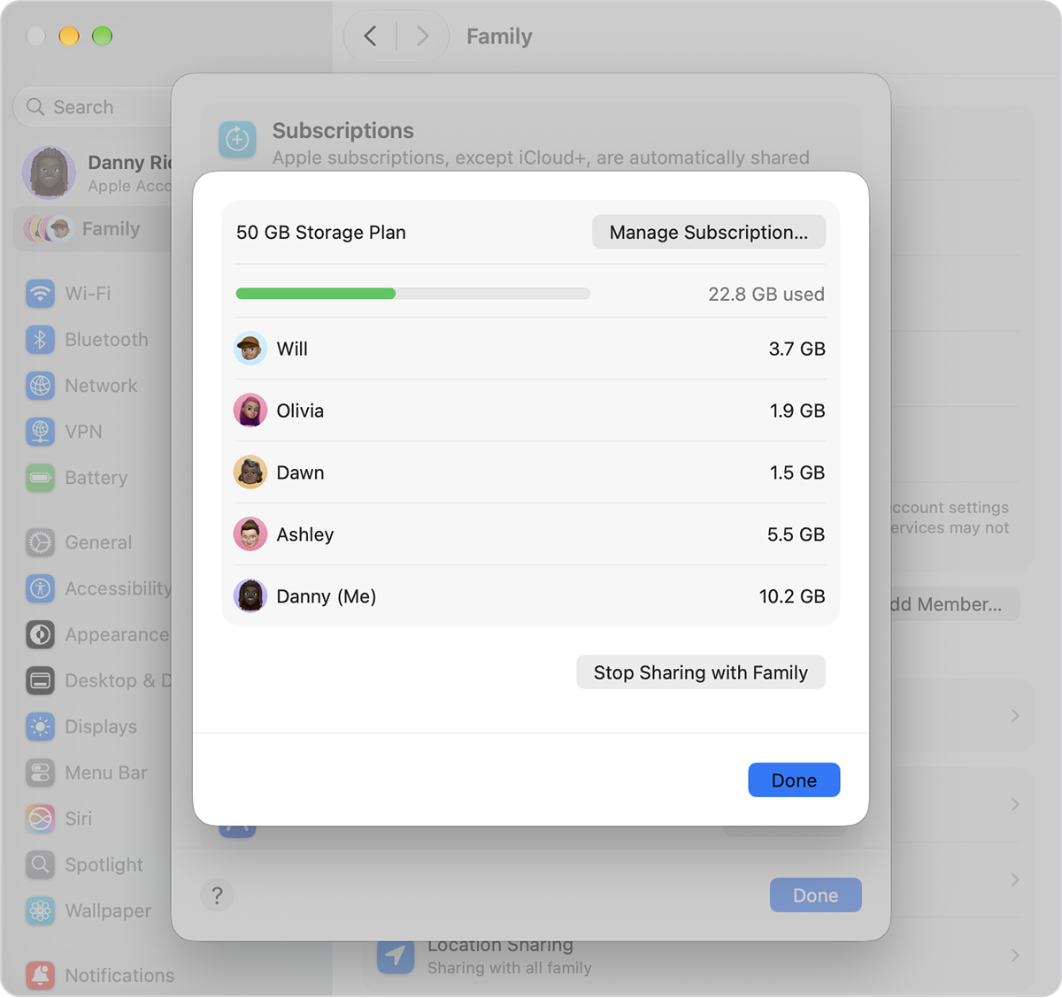 Apple support illustration of the Mac Family settings showing a 50GB storage plan and usage by family member
