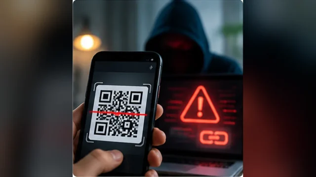 هاتف يمسح رمز QR أمام شاشة تحذير أمنية في مشهد توضيحي لمخاطر الروابط الاحتيالية
