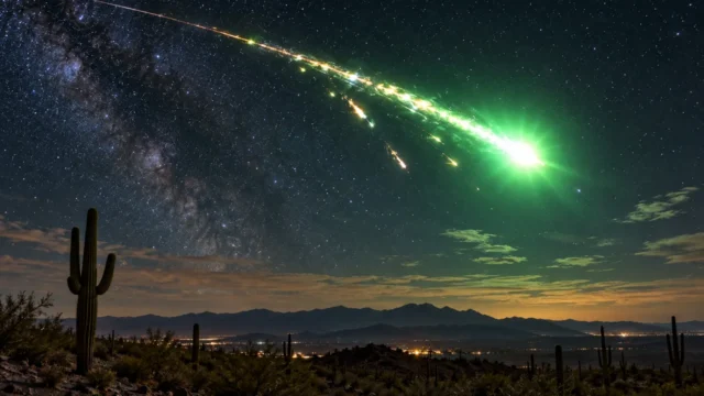 A vivid green meteor fragmenting over the Arizona desert beneath a star-filled night sky