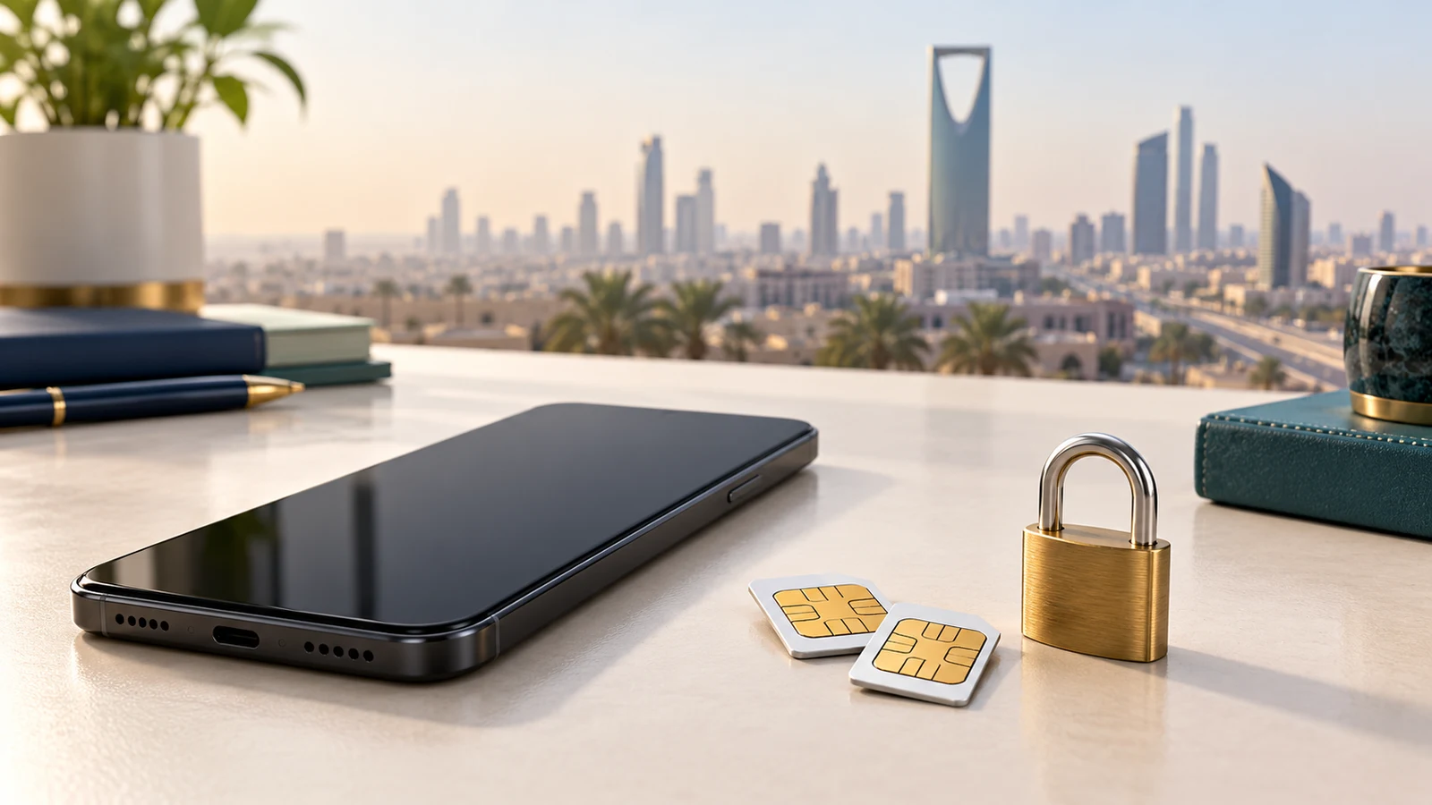 معرفة الأرقام المسجلة باسمك عبر أرقامي في السعودية والاعتراض على رقم مجهول 1 هاتف بشاشة مطفأة وشرائح اتصال وقفل على مكتب أمام أفق الرياض ترمز لمراجعة تسجيل الشرائح وحماية الهوية