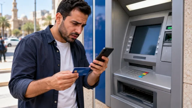عميل أمام ماكينة ATM يتابع خصم مبلغ من حسابه دون خروج النقد