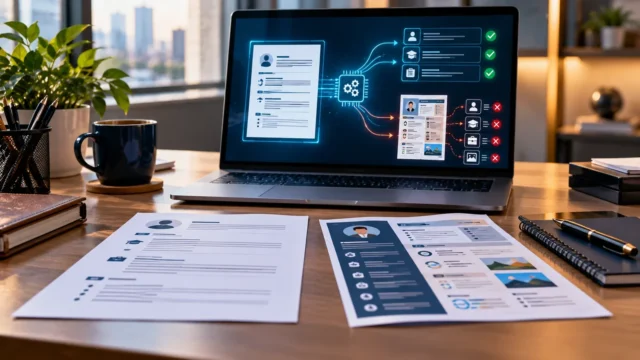 Laptop displaying a comparison of simple resume parsing and complex resume formatting errors on a work desk