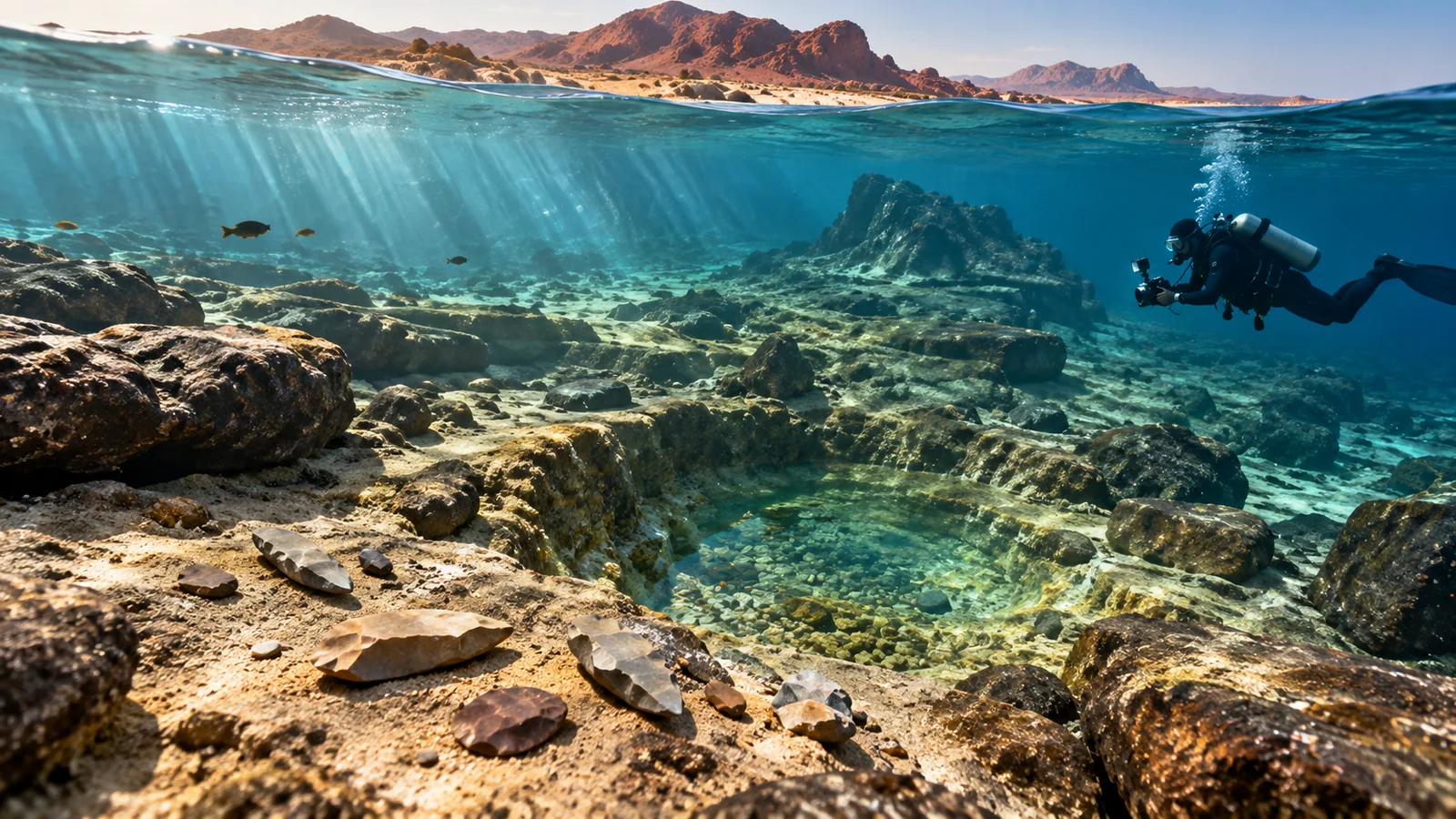 Australia's Lost Underwater Landscape: New Stone Tools Reveal Ancient Life at Murujuga 1 Artistic reconstruction of a diver examining stone artefacts on the submerged ancient rocky landscape of Murujuga, Western Australia