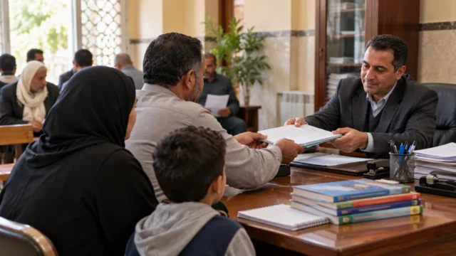أسرة مصرية تقدم أوراق طلب مساعدة اجتماعية في مكتب إداري