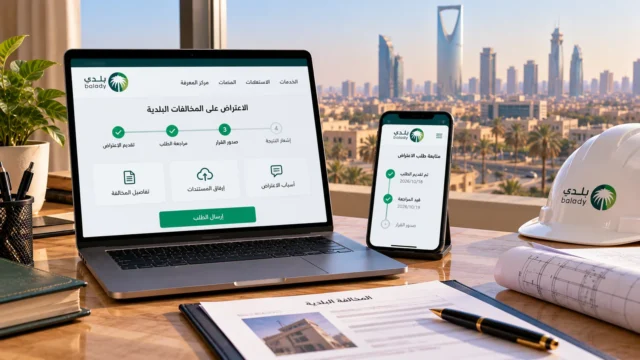 حاسوب يعرض واجهة توضيحية لطلب الاعتراض على المخالفات البلدية عبر بلدي بجوار هاتف لمتابعة الحالة ومستندات أمام مشهد مدينة الرياض