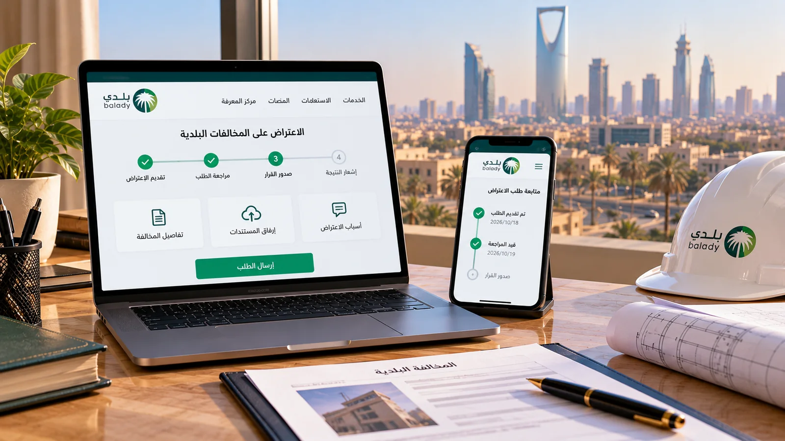 الاعتراض على المخالفات البلدية عبر بلدي: الطريقة والمدة ومتابعة الاعتراض 1 حاسوب يعرض واجهة توضيحية لطلب الاعتراض على المخالفات البلدية عبر بلدي بجوار هاتف لمتابعة الحالة ومستندات أمام مشهد مدينة الرياض