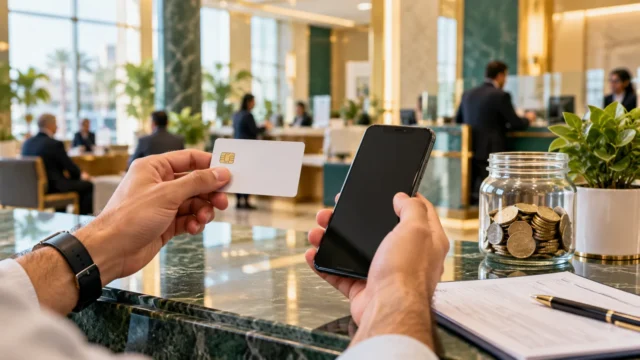 عميل يحمل بطاقة بنكية وهاتفًا داخل فرع بنك حديث بجانب حصالة ادخار