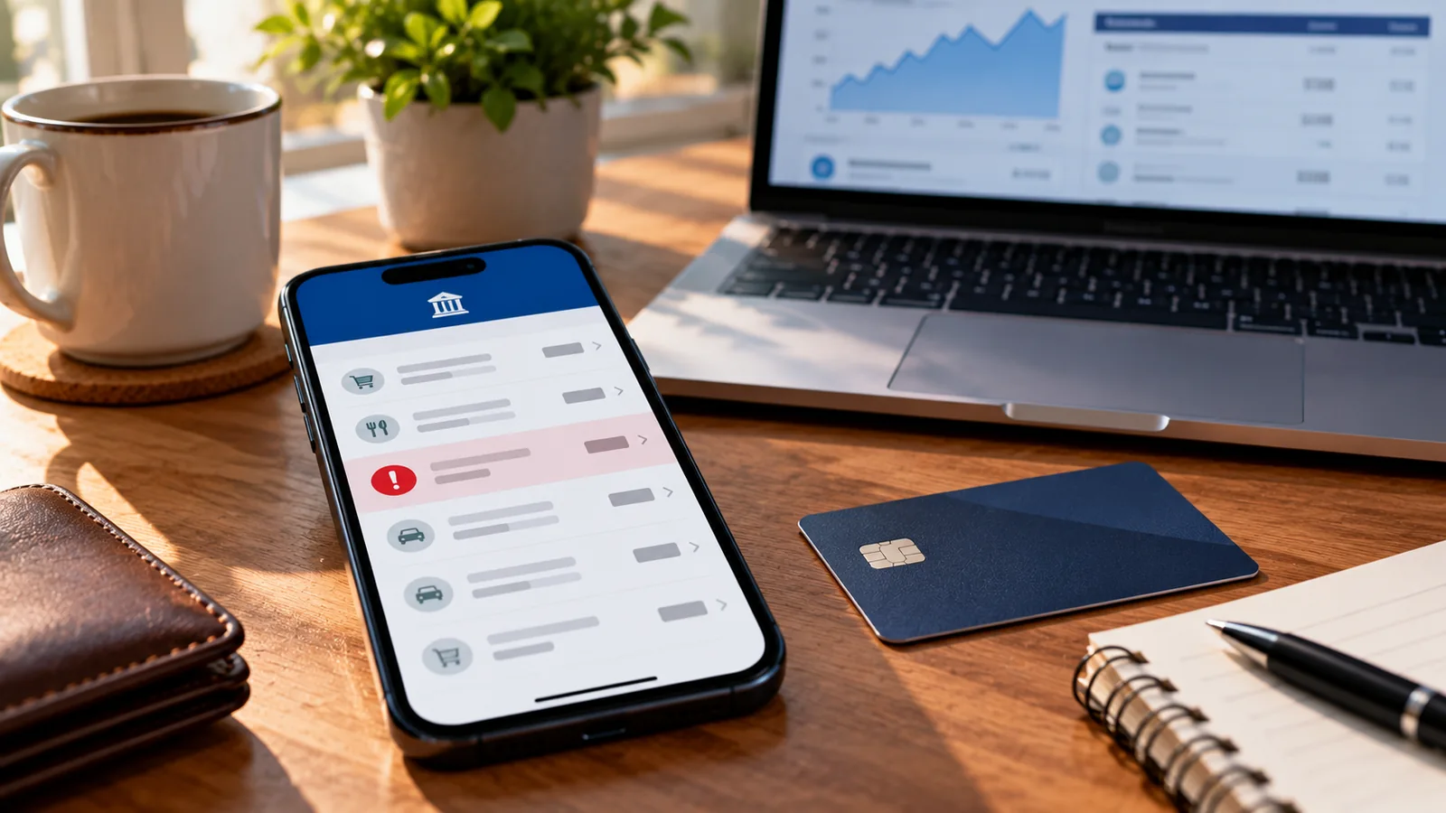 Smartphone banking app highlighting a suspicious transaction beside a bank card and laptop