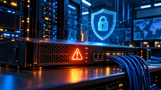 Enterprise network security appliance with illuminated warning and protective shield in a data center
