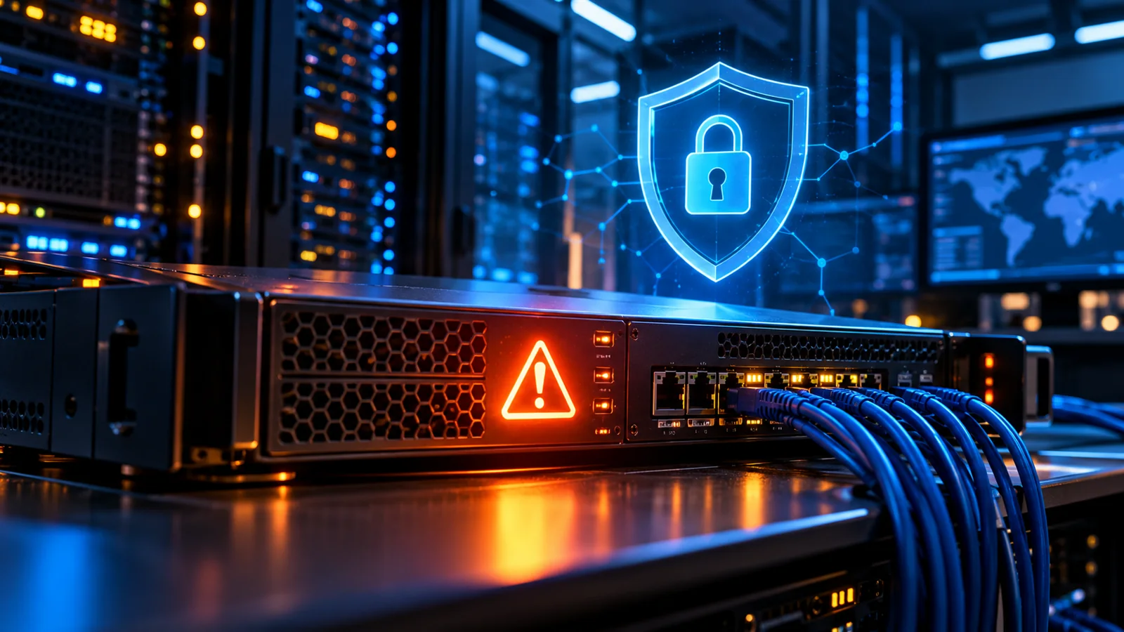 BeyondTrust Remote Support CVE-2026-102764: Patch Guide and Compromise Checklist 1 Enterprise network security appliance with illuminated warning and protective shield in a data center