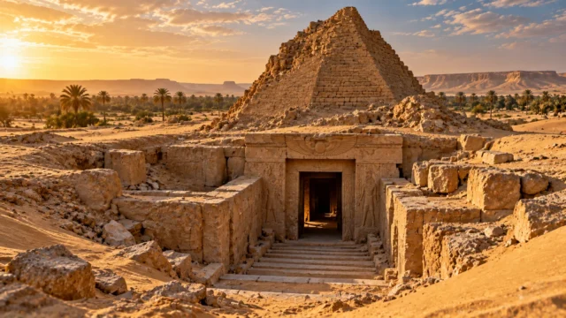 تصور فني لمقبرة هرمية من الطوب اللبن في واحة الداخلة خلال العصر الروماني – صورة تعبيرية غير توثيقية