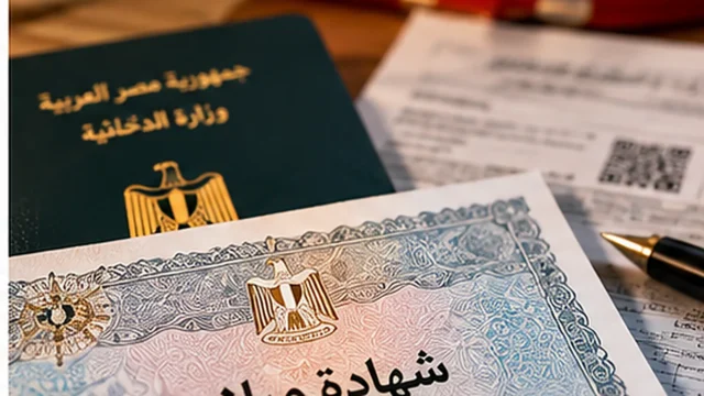 شهادة ميلاد مصرية تعبيرية ومستندات رسمية على المكتب