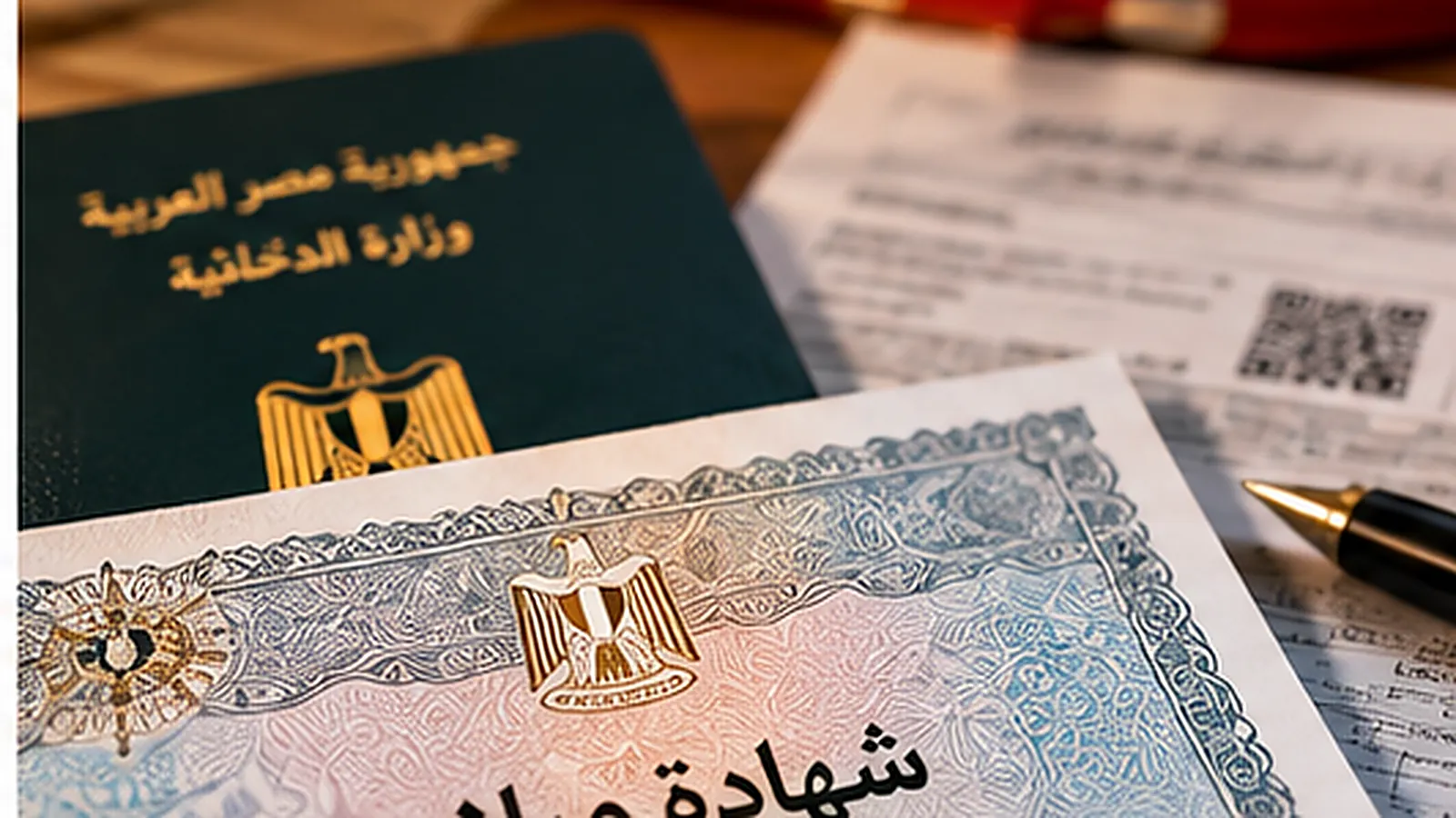 تصحيح بيانات شهادة الميلاد في مصر: الأوراق والخطوات والجهة المختصة 1 شهادة ميلاد مصرية تعبيرية ومستندات رسمية على المكتب