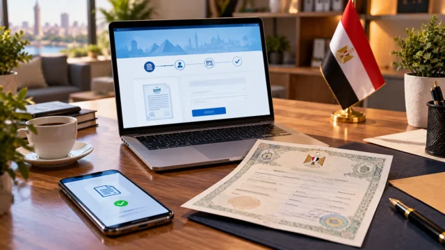 لابتوب يعرض خدمة استخراج شهادة ميلاد إلكترونيًا مع شهادة ميلاد وهاتف على المكتب