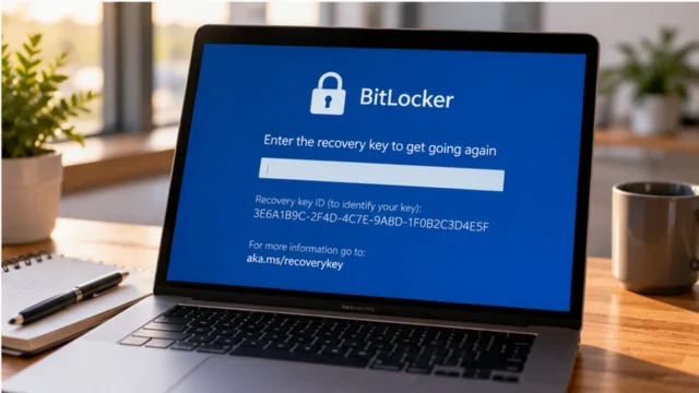 Laptop displaying a blue BitLocker recovery screen on a desk beside a notebook