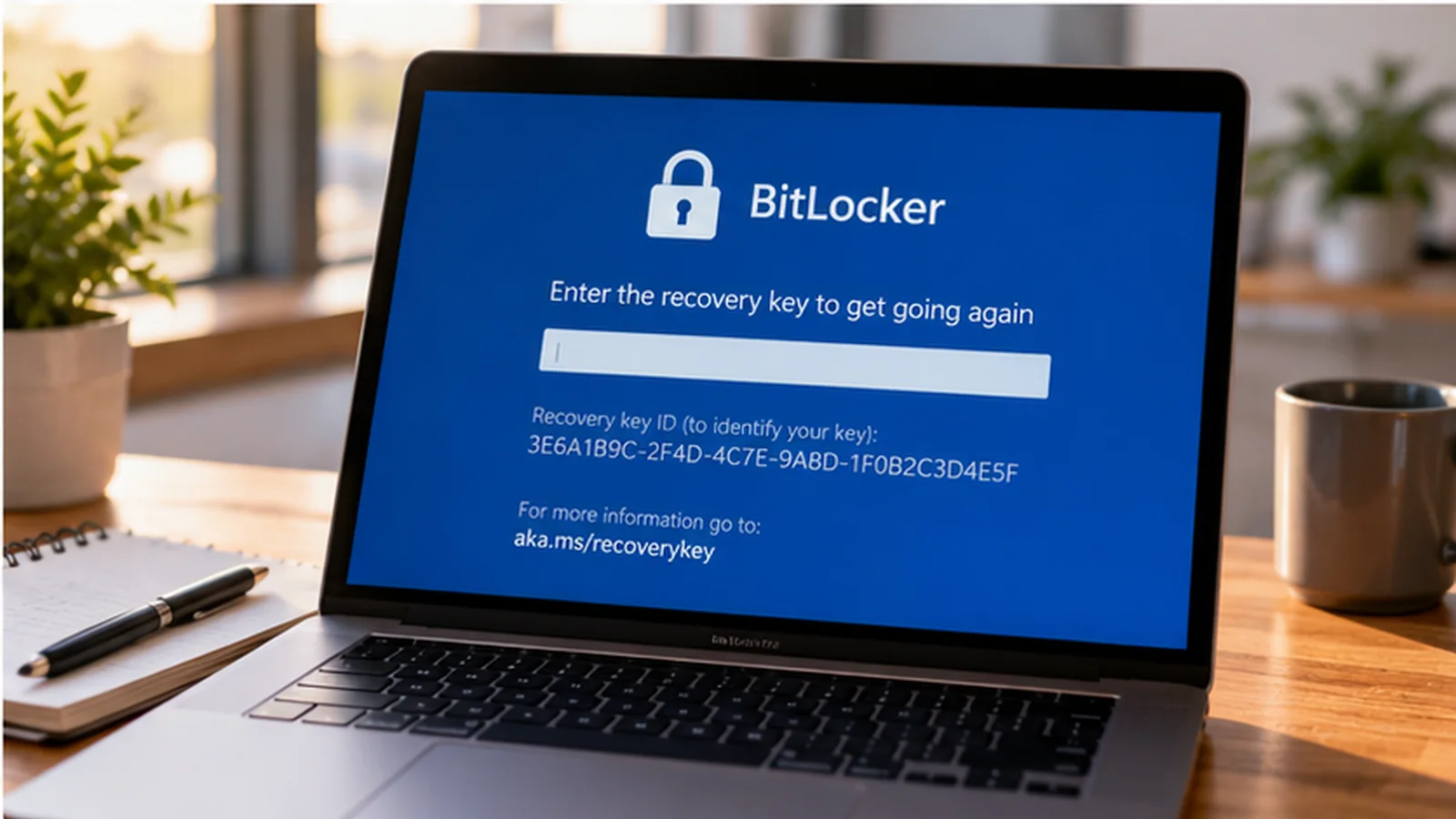 Laptop displaying a blue BitLocker recovery screen on a desk beside a notebook