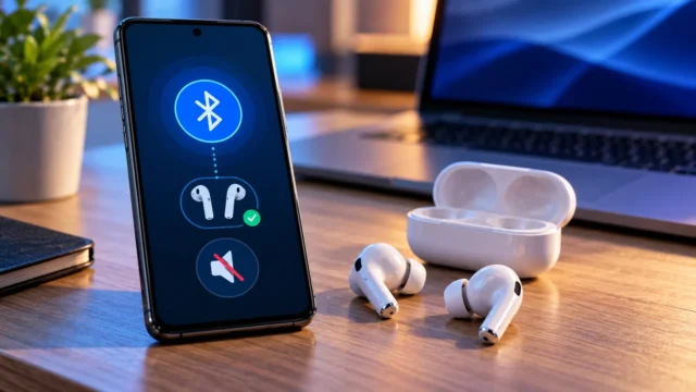 Wireless earbuds and smartphone connected over Bluetooth but with audio muted, illustrative image