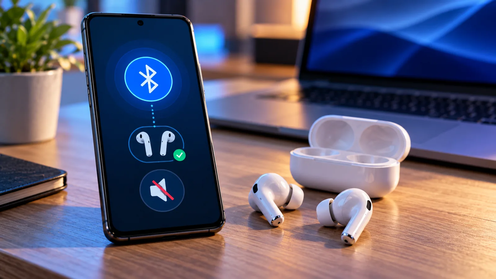 Wireless earbuds and smartphone connected over Bluetooth but with audio muted, illustrative image