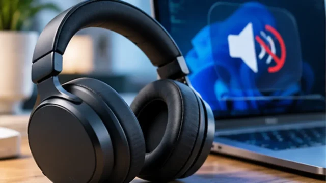 Wireless over-ear headphones connected beside a Windows laptop with muted audio symbol