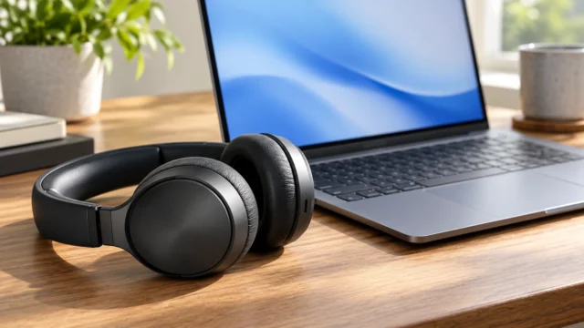 Wireless over-ear headphones beside a laptop on a sunlit desk