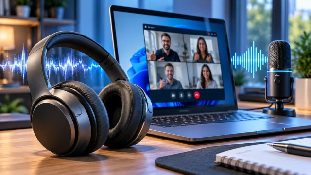 Wireless black Bluetooth headphones by a Windows laptop showing a video call, with a standalone desktop microphone nearby