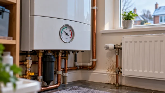 White domestic boiler with a pressure gauge, copper heating pipes and a radiator beside a damp patch in a UK home