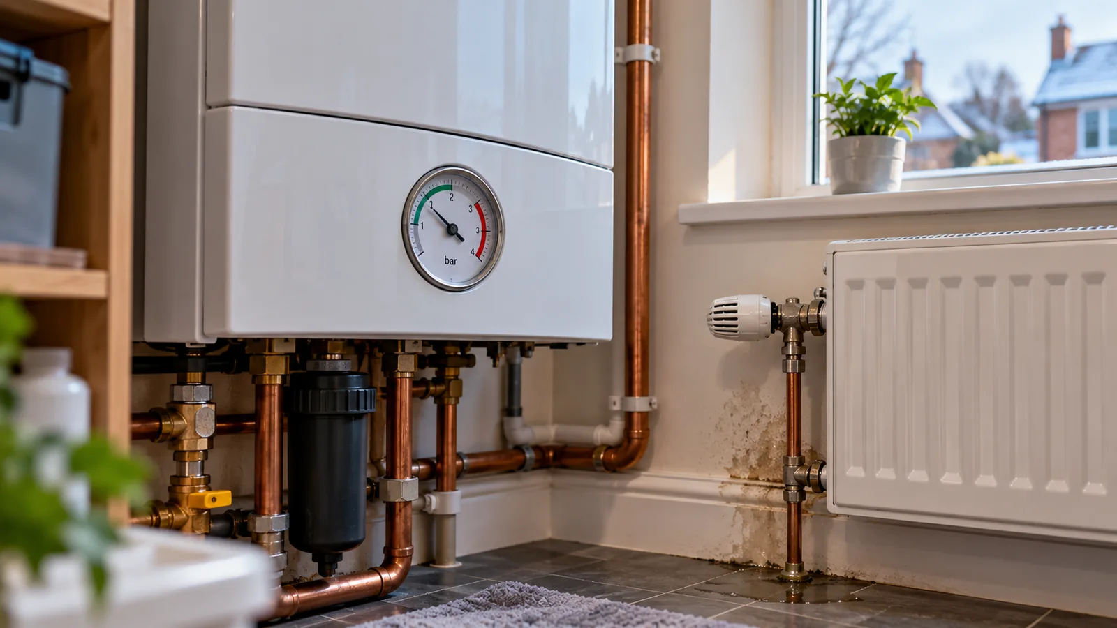 Why Your Boiler Pressure Keeps Dropping: A Safe UK Diagnosis Guide 1 White domestic boiler with a pressure gauge, copper heating pipes and a radiator beside a damp patch in a UK home
