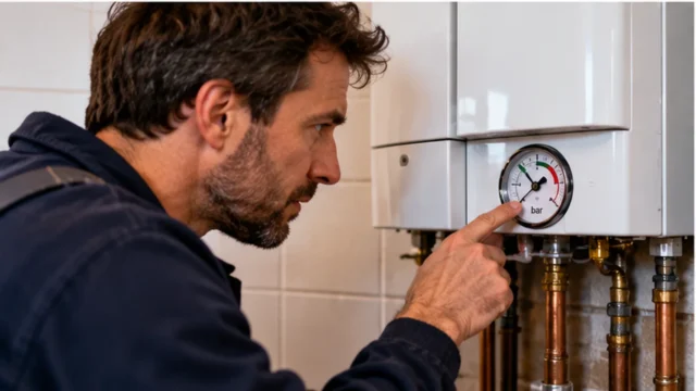 Homeowner inspecting the pressure gauge on a domestic central heating boiler