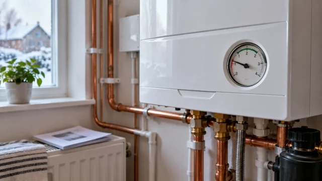 UK central heating boiler pressure gauge and exposed heating pipework in a winter utility room