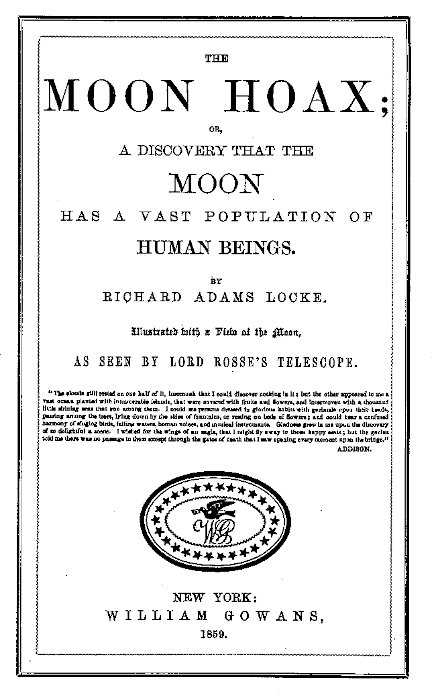خدعة القمر الكبرى: كيف باعت صحيفة حكاية بشر بأجنحة على القمر؟ 4 صفحة عنوان كتاب The Moon Hoax لريتشارد آدامز لوك المنشور في نيويورك سنة 1859