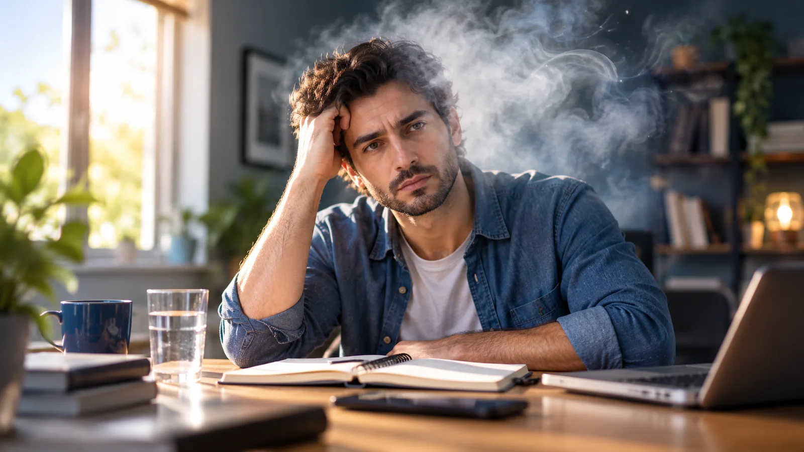 أسباب ضبابية الدماغ المفاجئة: متى تكون خطيرة ومتى يجب زيارة الطبيب؟ 1 رجل يعاني من صعوبة التركيز وضبابية الدماغ أثناء الجلوس أمام حاسوبه