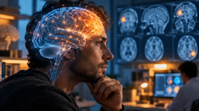 صورة تعبيرية لرجل مع تصور بصري للشبكات العصبية في الدماغ داخل مختبر علم الأعصاب