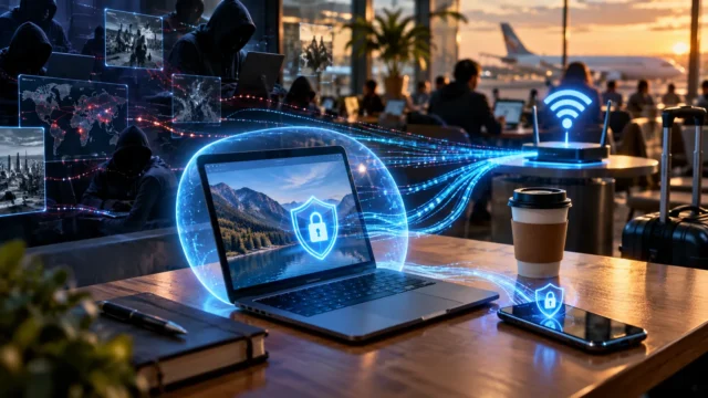 حاسوب وهاتف متصلان بشبكة واي فاي عامة داخل مطار مع درع حماية رقمي يرمز إلى التشفير ومخاطر المراقبة