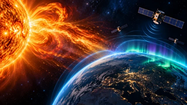 توهج وعاصفة شمسية تصل إلى المجال المغناطيسي للأرض مع أقمار صناعية وشفق قطبي