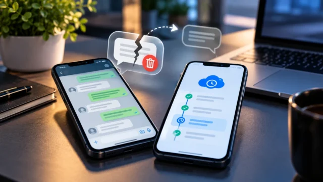 Two smartphones illustrating deleted WhatsApp chats and a backup restoration timeline on a desktop workspace