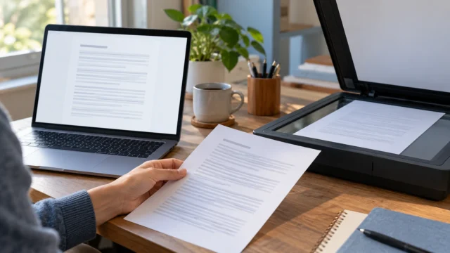 Concept illustration of a laptop beside a document scanner and a person holding a printed page