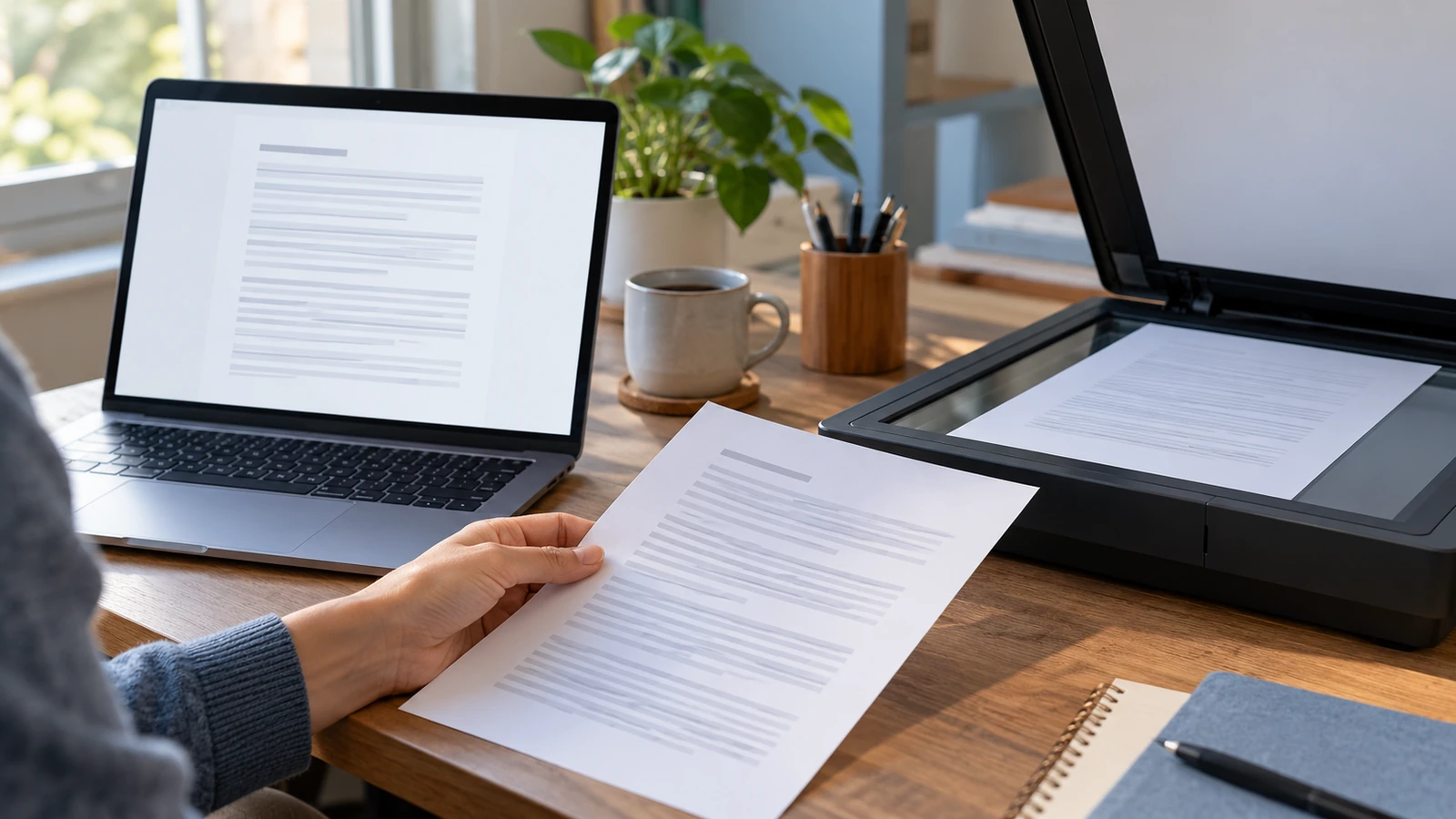 Can’t Copy Text from a PDF? Fix Scans, Restrictions and Garbled Text 1 Concept illustration of a laptop beside a document scanner and a person holding a printed page