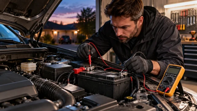 Mechanic using a digital multimeter to check a car battery in an open engine bay