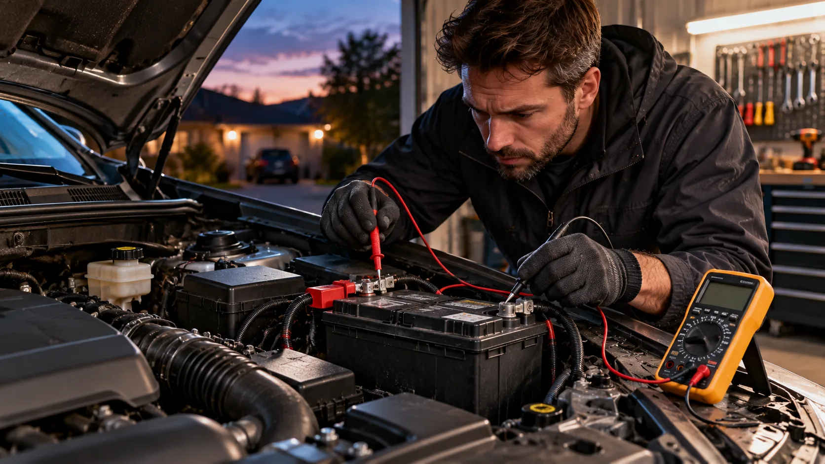 Mechanic using a digital multimeter to check a car battery in an open engine bay