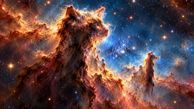 رسم فني توضيحي لعمود غباري على هيئة رأس قطة بين سحب زرقاء وبرتقالية ونجوم بعيدة