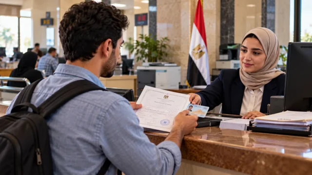شاب مصري يراجع بطاقته الشخصية ومستندات تغيير المهنة لدى موظفة في مكتب خدمات حكومية