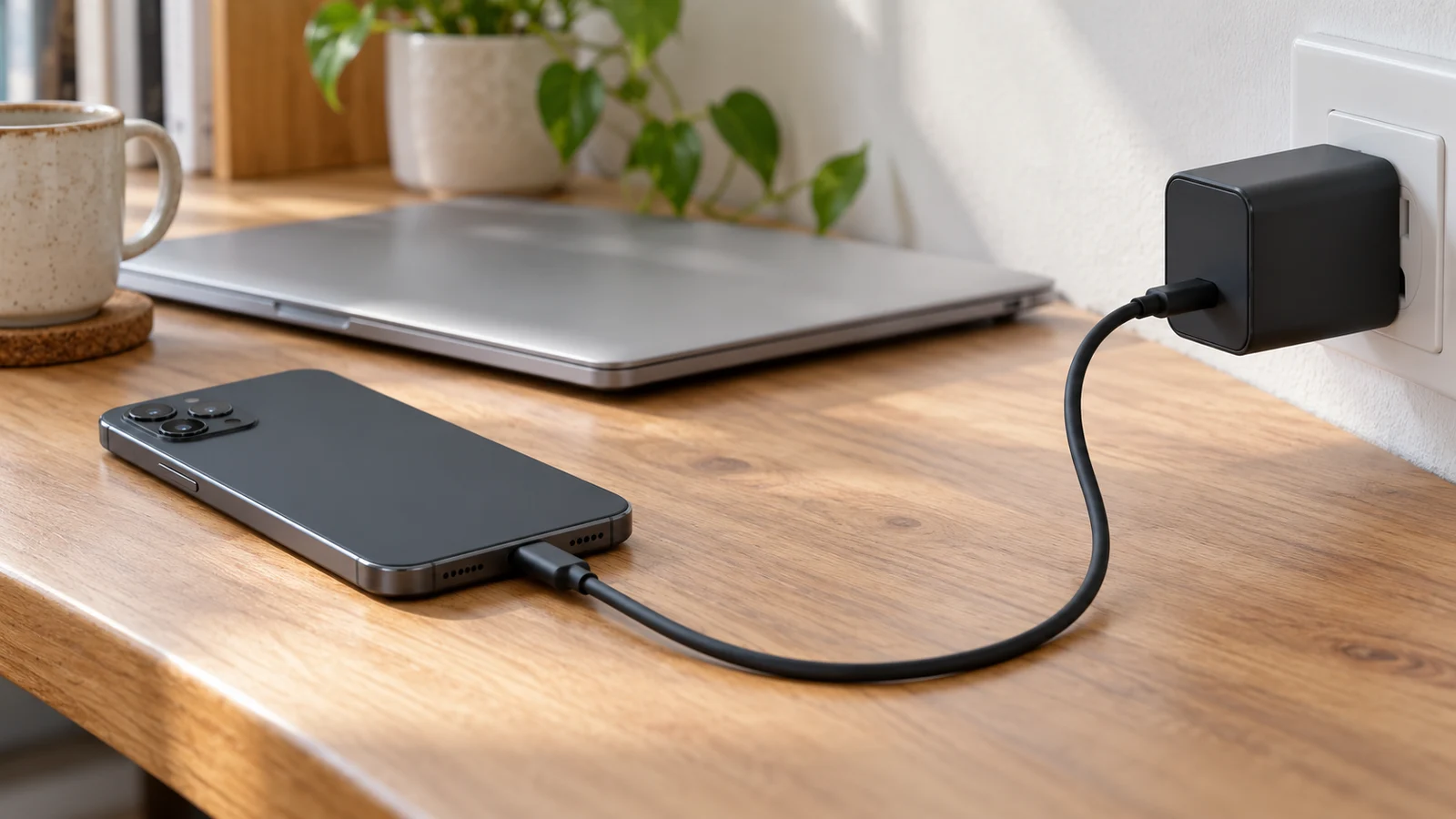 هاتف موصول بكابل USB-C إلى محول طاقة بجوار لابتوب مغلق