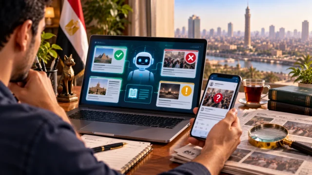 مشهد تعبيري لمستخدم يراجع أخبارًا ومصادر على الحاسوب والهاتف أمام مشهد للقاهرة