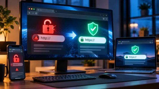 Modern browser security concept showing an insecure HTTP connection changing to a protected HTTPS connection