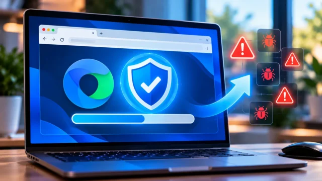 Laptop browser showing a security update with shield and vulnerability warning symbols