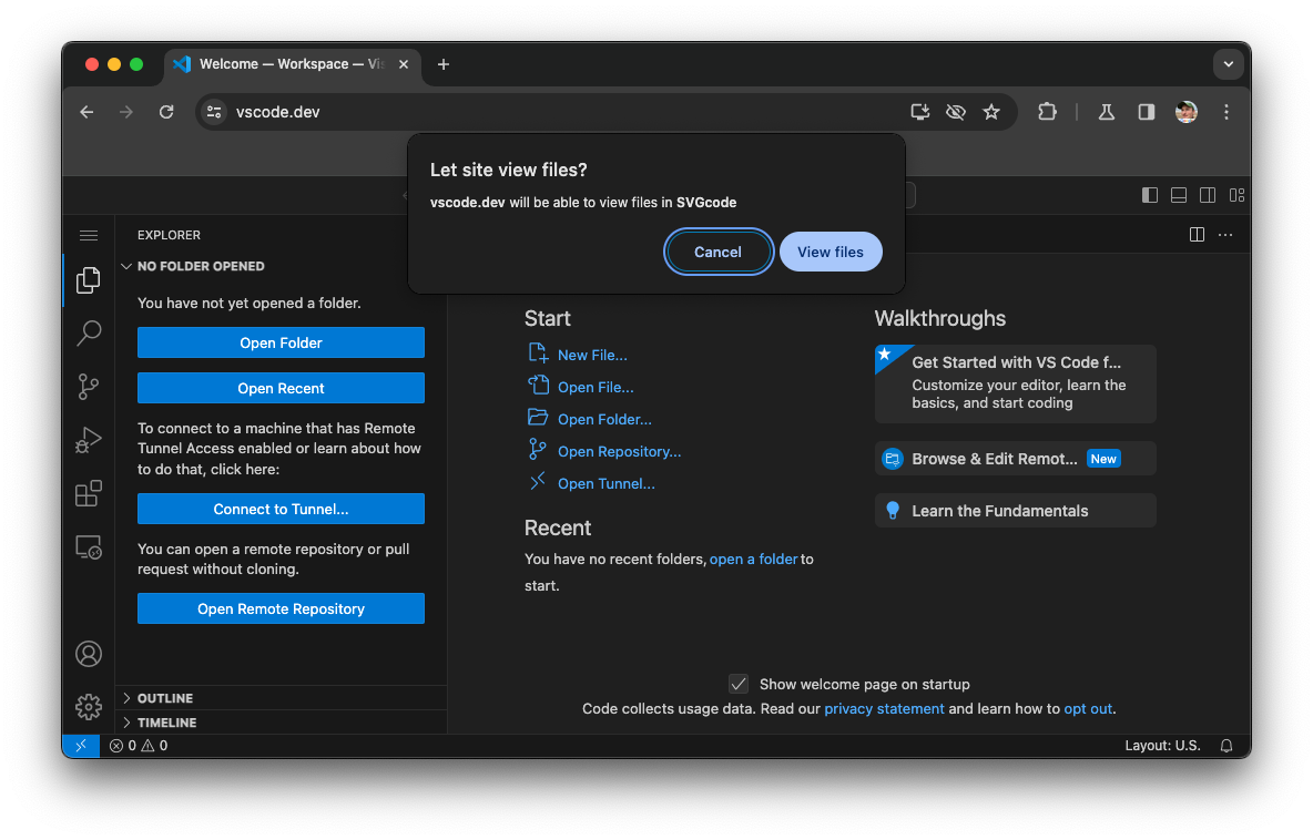 Chrome’s published VS Code demonstration showing a request to view files in a selected folder