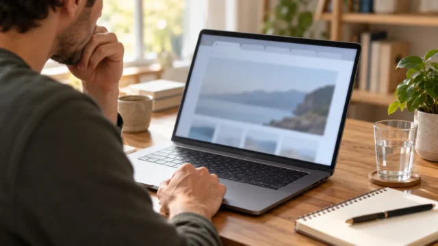 Person checking browser tabs on a laptop at a quiet desk
