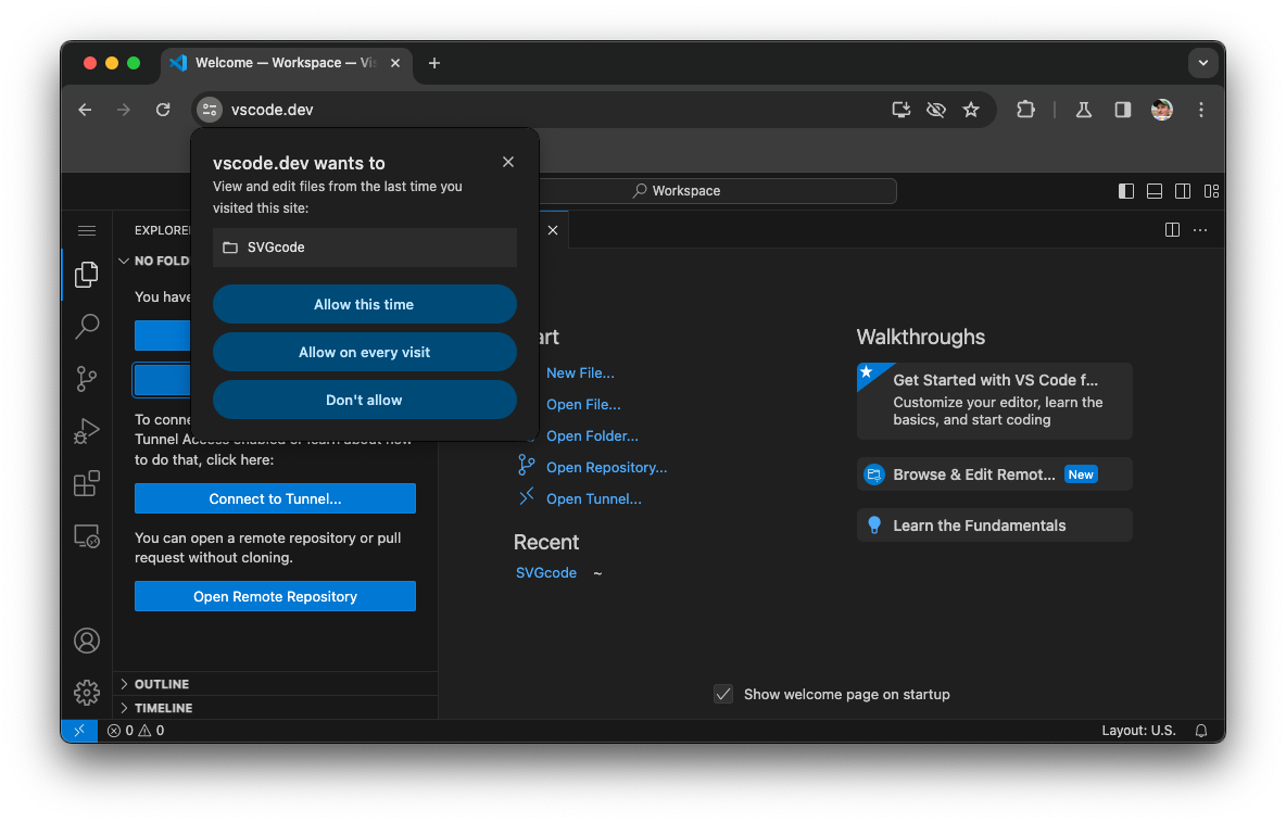 Chrome documentation example showing Allow this time, Allow on every visit and Don’t allow for VS Code file permissions