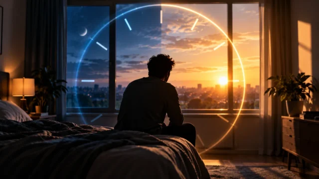 Conceptual illustration of a person awake at sunrise with a glowing clock representing circadian rhythms and depression